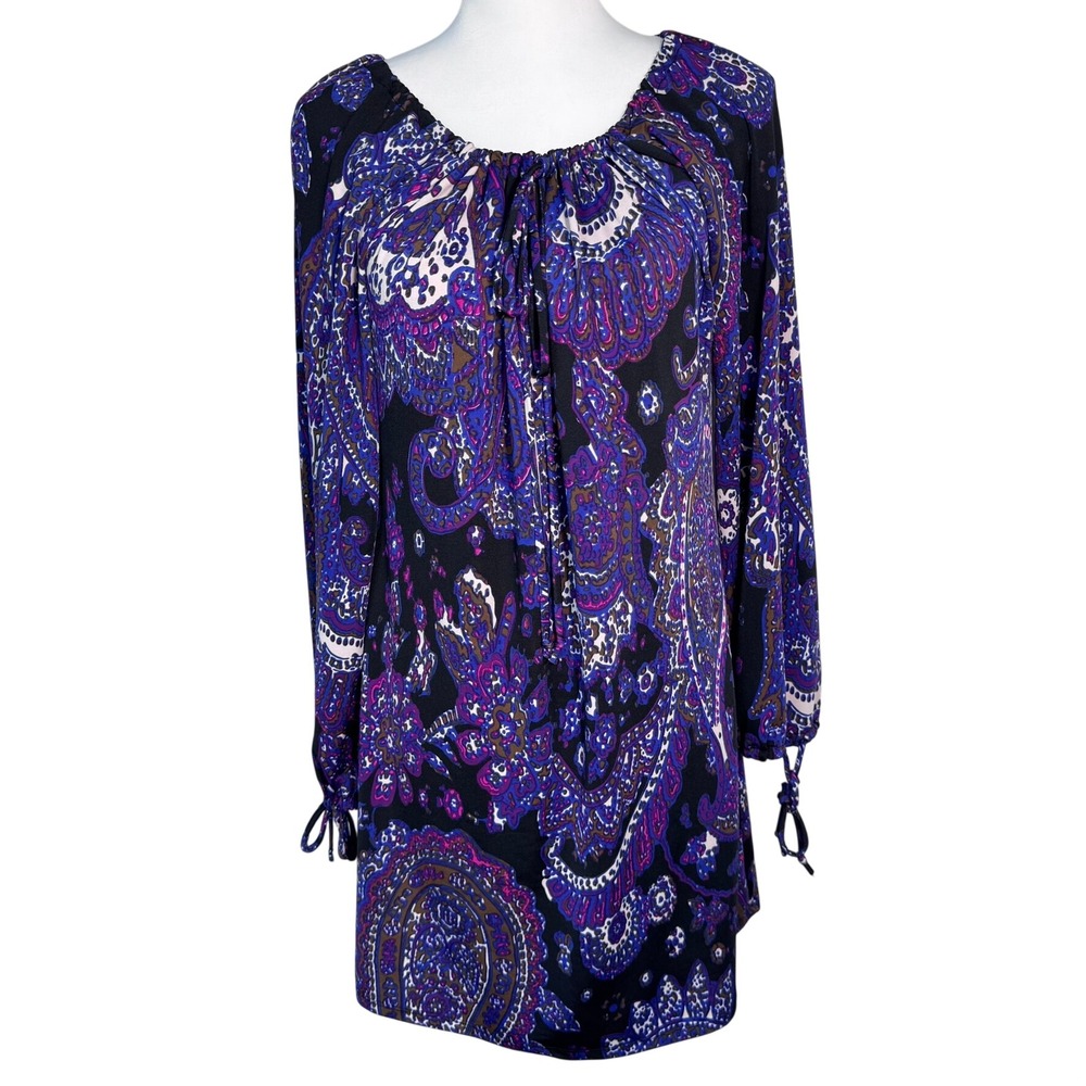 ALYN PAIGE Women's Medium Purple Black Paisley Long Sleeve Mini‎ Dress Boho Mod